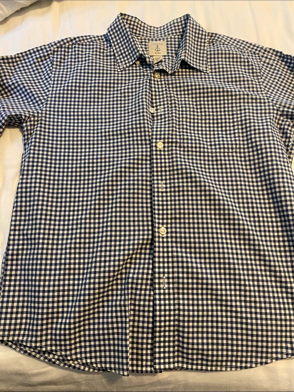 Kids Lands' End Navy and White Gingham Button-Down Shirt